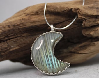 Labradorite Crescent Moon Necklace, Celestial Jewelry Gift for Her, Blue Flash Moon Pendant, Sterling Silver Boho Necklace