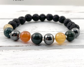 Handmade Aries Zodiac Bracelet with Carnelian, Bloodstone, Hematite, and Lava Beads