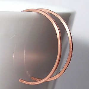 May include: A pair of copper hoop earrings. The earrings are simple and elegant, with a hammered finish.