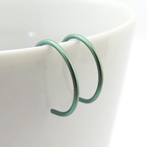 Niobium Earrings, Thin Hoop Earrings, Green Artsy Earrings, Mini Sized Hypoallergenic Hoop Earrings for Her, Birthday Present Idea