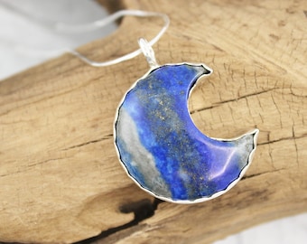 Lapis Lazuli Gemstone Moon Necklace, Crescent Moon Necklace, Handmade Moon Pendant, Sterling Silver, Blue Lapis Moon, Moon Gift