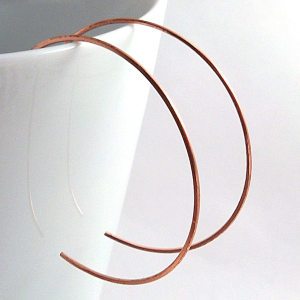 Copper Hoop Earrings, Medium Size Backward Hoops, 1.5 Inch