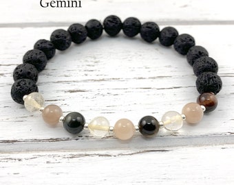 Handmade Gemini Zodiac Bracelet | Moonstone Citrine Tigers Eye Lava Beads | 7.5 Inches