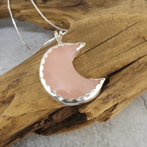 Pink Rose Quartz Necklace, Crescent Moon Necklace, Astronomy Jewelry, Half Moon Necklace, Rose Quartz Moon Pendant In Sterling Silver