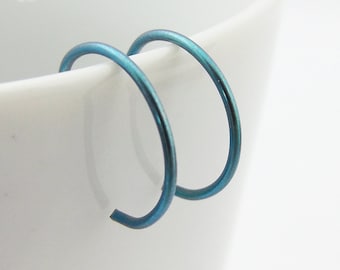 Tiny Teal Niobium Hoop Earrings, Teal Blue Backward Hoop Earrings