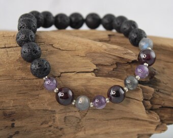 Aquarius Zodiac Sign Bracelet, Labradorite, Amethyst, and Garnet Bracelet, Aquarius Jewelry, Stretch Bracelet, Handmade Aquarius Gift