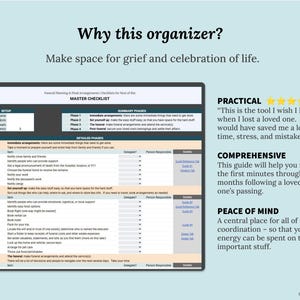 May include: A digital checklist titled "Master Checklist" with sections for setup and detailed phases. The text "Why this organizer? Make space for grief and celebration of life" is at the top. Additional text describes the checklist as practical, comprehensive, and providing peace of mind.