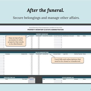 May include: A checklist titled "Property Inventory & Estate Administration" with sections for property, bills, and expenses. Text includes "After the funeral. Secure belongings and manage other affairs."