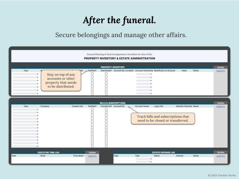 May include: A checklist titled "Property Inventory & Estate Administration" with sections for property, bills, and expenses. Text includes "After the funeral. Secure belongings and manage other affairs."