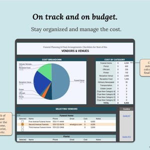 May include: A digital document titled "Funeral Planning & Final Arrangements Checklists for Next of Kin" with cost breakdowns and vendor selection. A pie chart illustrates cost allocation, and a table lists vendor details.