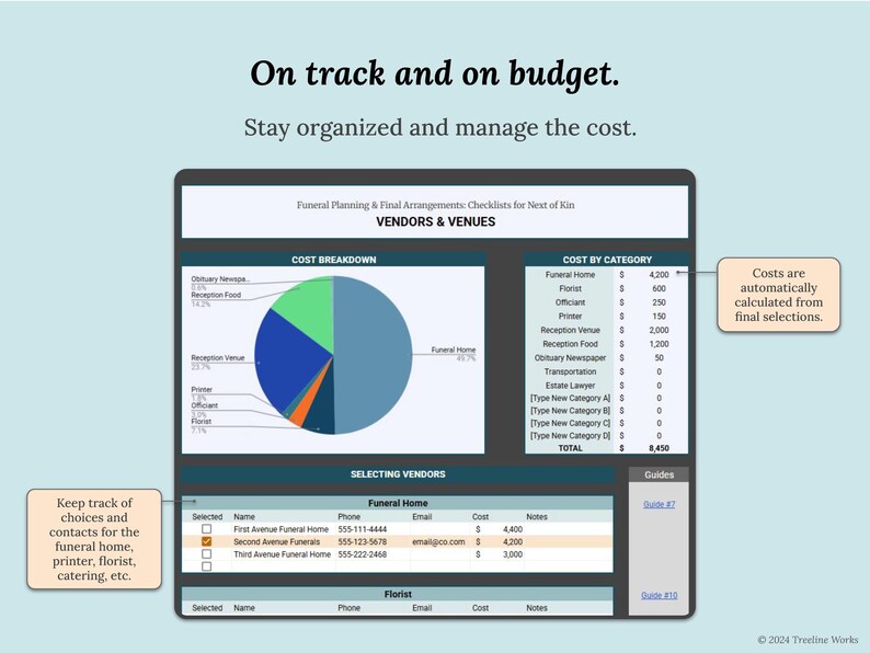 May include: A digital document titled "Funeral Planning & Final Arrangements Checklists for Next of Kin" with cost breakdowns and vendor selection. A pie chart illustrates cost allocation, and a table lists vendor details.