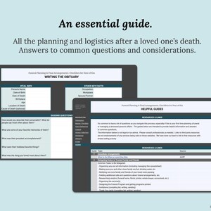 May include: An essential guide for planning and logistics after a loved one's death. The image shows two digital guides with checklists and helpful information. The text includes "Writing the Obituary" and "Helpful Guides".