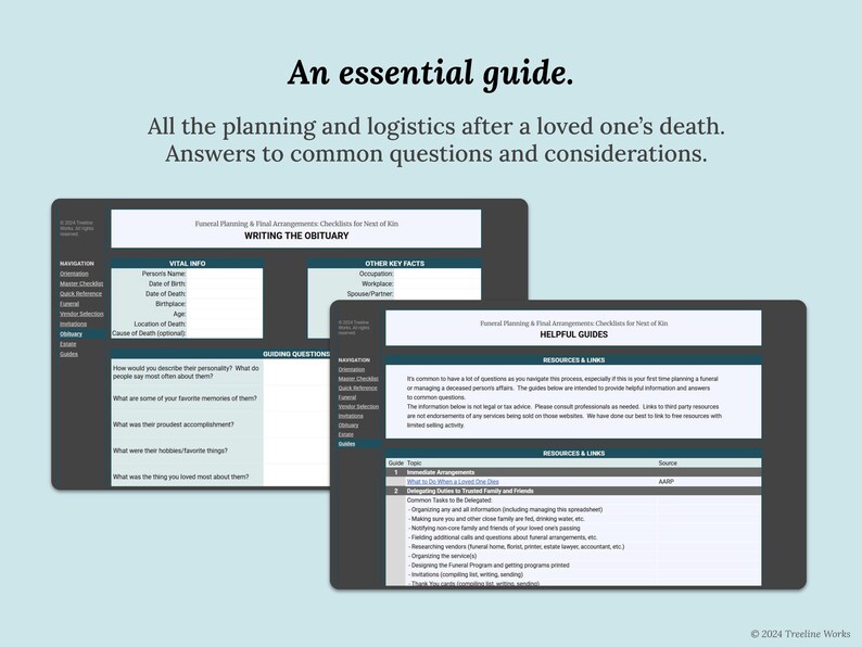 May include: An essential guide for planning and logistics after a loved one's death. The image shows two digital guides with checklists and helpful information. The text includes "Writing the Obituary" and "Helpful Guides".