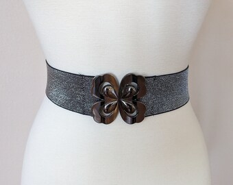 Elastic Stretch Belt Black Silver Butterfly Clasp