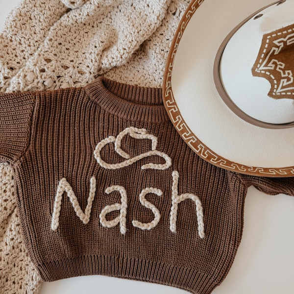 Hand-Embroidered cowboy hat Baby Sweater: Custom Knit Newborn Gift