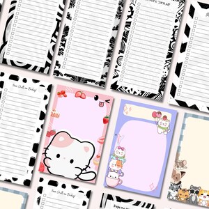 May include: A collection of colorful to-do list notepads with various designs. Some feature black and white patterns, while others showcase cute illustrations of cats, strawberries, and other playful elements. Text includes "Work Smart!" and "Yes! You Can!"