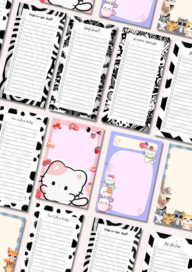 May include: A collection of colorful to-do list notepads with various designs. Some feature black and white patterns, while others showcase cute illustrations of cats, strawberries, and other playful elements. Text includes "Work Smart!" and "Yes! You Can!"