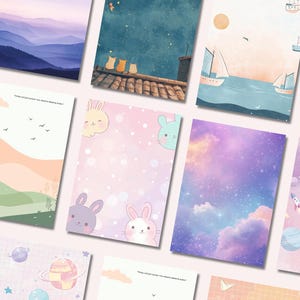 May include: A collection of illustrated art prints featuring various dreamy scenes. Designs include a mountain landscape, starry night with cats, sailboats on the sea, and cute bunny characters. The color palette includes pastels and vibrant hues.