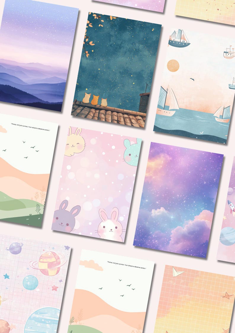 May include: A collection of illustrated art prints featuring various dreamy scenes. Designs include a mountain landscape, starry night with cats, sailboats on the sea, and cute bunny characters. The color palette includes pastels and vibrant hues.