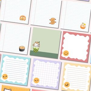May include: A collection of colorful square sticky notes with lined and grid paper. Each note features a unique design, including food illustrations, smiley faces, and cat characters. The notes are in various pastel colors.