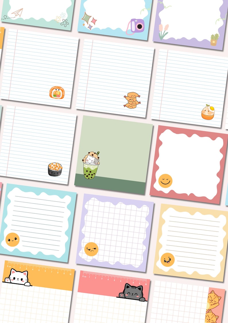 May include: A collection of colorful square sticky notes with lined and grid paper. Each note features a unique design, including food illustrations, smiley faces, and cat characters. The notes are in various pastel colors.