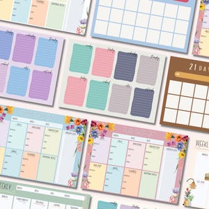May include: A collection of colorful planner sheets with floral accents. The sheets include sections for meal planning, grocery lists, and habit tracking. Some sheets have the text "PLAN, SHOP, EAT" and "21 DAYS PROJECT".