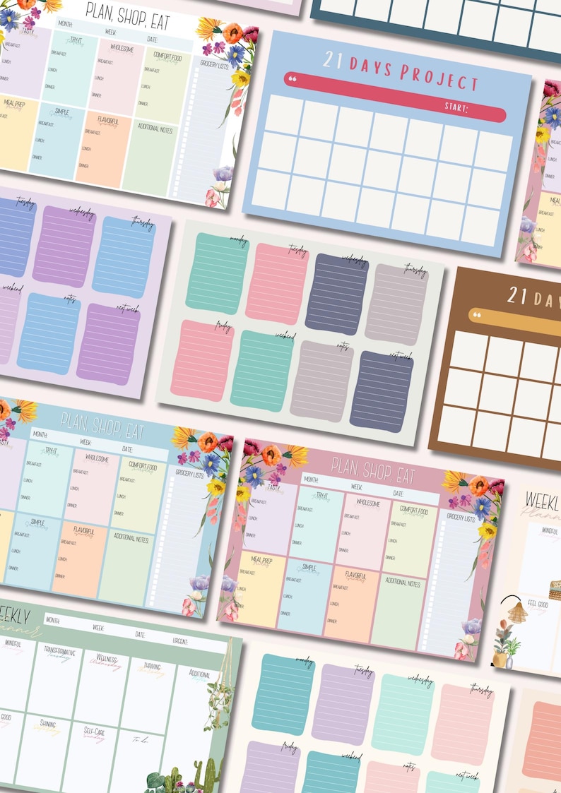 May include: A collection of colorful planner sheets with floral accents. The sheets include sections for meal planning, grocery lists, and habit tracking. Some sheets have the text "PLAN, SHOP, EAT" and "21 DAYS PROJECT".