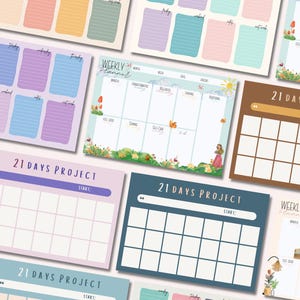 May include: A collection of colorful planner pages with various designs. Some pages feature weekly layouts with space for notes, while others are designed for a 21-day project. The pages have pastel colors and handwritten fonts.