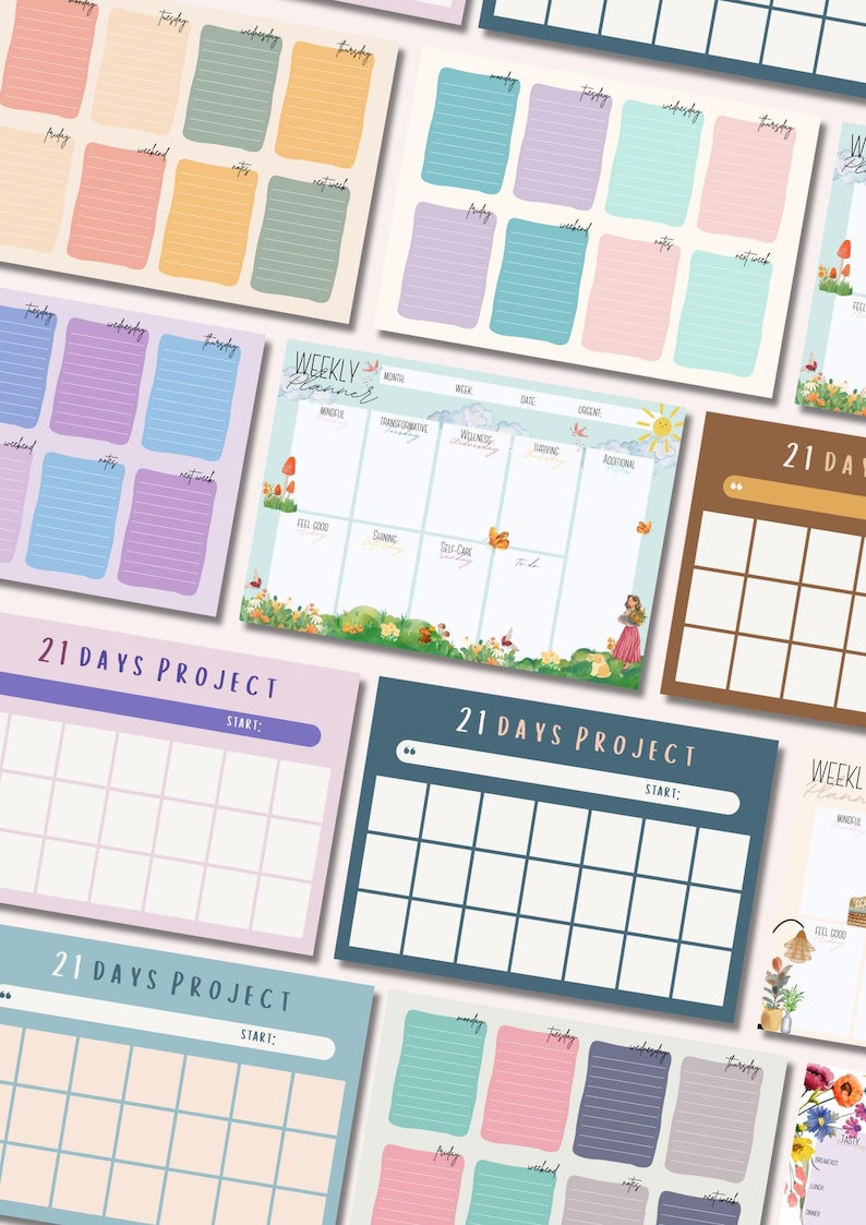 May include: A collection of colorful planner pages with various designs. Some pages feature weekly layouts with space for notes, while others are designed for a 21-day project. The pages have pastel colors and handwritten fonts.