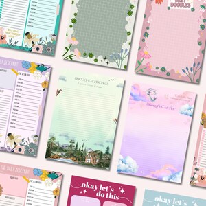 May include: A collection of colorful stationery sheets with floral and whimsical designs. Some sheets feature the text "THE DAILY BLUEPRINT", "DAILY DOODLES", "THOUGHT CATCHER", and "okay let's do this". The sheets are ideal for journaling and note-taking.