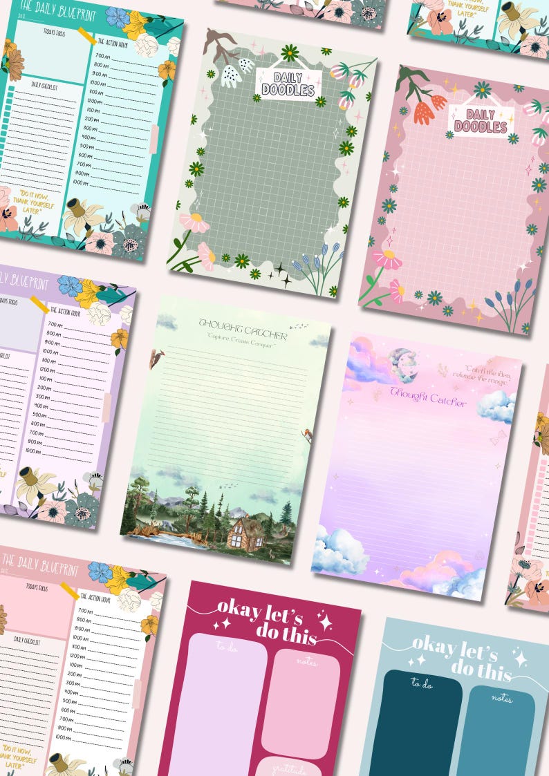 May include: A collection of colorful stationery sheets with floral and whimsical designs. Some sheets feature the text "THE DAILY BLUEPRINT", "DAILY DOODLES", "THOUGHT CATCHER", and "okay let's do this". The sheets are ideal for journaling and note-taking.