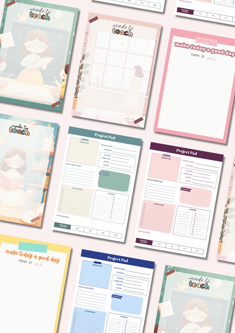 May include: A collection of stationery items, including notepads and project pads, with a soft, pastel color palette. Some pads feature the text "made to teach" and "make today a good day". The project pads have sections for goals, action steps, and expenses.