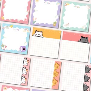 May include: A collection of square sticky notes with decorative borders in various pastel colors. Some notes feature cat illustrations, while others have floral and rainbow designs. Each note has a grid pattern and the word "notes".