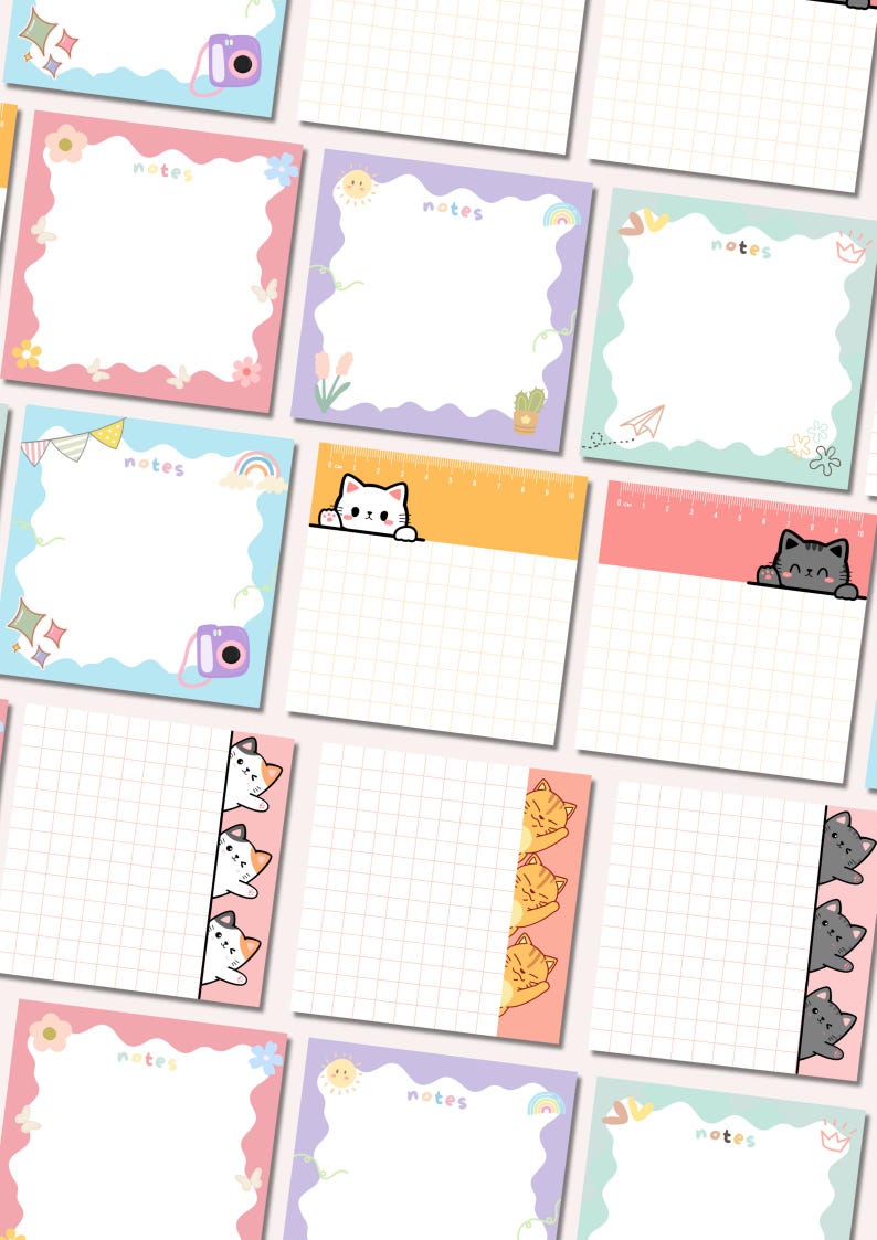 May include: A collection of square sticky notes with decorative borders in various pastel colors. Some notes feature cat illustrations, while others have floral and rainbow designs. Each note has a grid pattern and the word "notes".