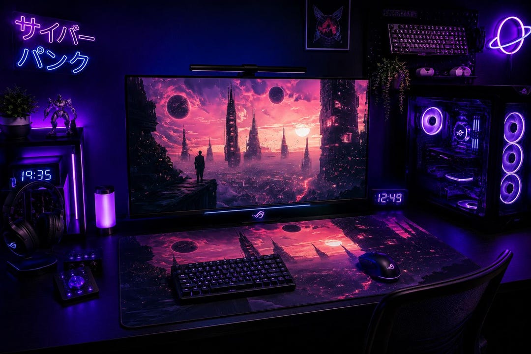Cyberpunk Gaming Keyboard Pad - Futuristic Metropolis Under Burning ...