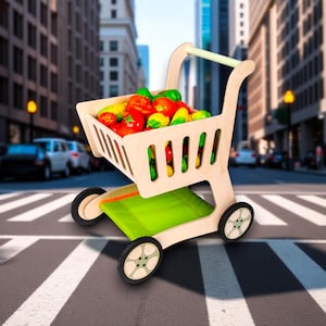 Wooden Toy Shopping Cart for Toddlers – Montessori Push Trolley with Colorful Basket, wooden education toy, learning school, toys gift