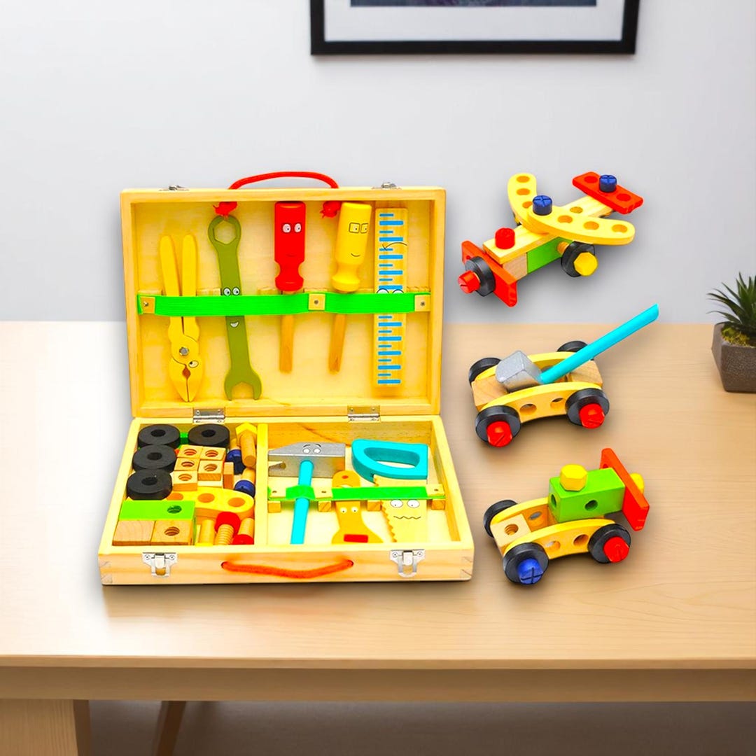 Montessori Wooden Toolbox Toy Set – Kids DIY Pretend Play Repair Tool ...