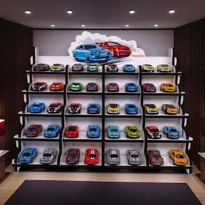 Prateleira de exposição de carrinhos de brinquedo de madeira – Suporte de armazenamento com 20 compartimentos para crianças e colecionadores – Decoração de quarto Montessori, garagem de carros de madeira, para