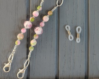 Pink and green dyed jade eyeglass or mask chain