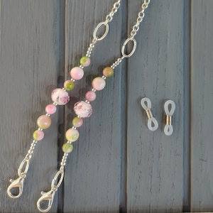 Pink and green dyed jade eyeglass or mask chain image 1