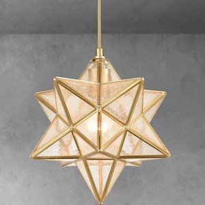 Cagliari Brass Moravian Star Pendant Light 14-inch Seeded Glass Shade