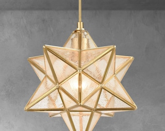 Cagliari Brass Moravian Star Pendant Light 14-inch Seeded Glass Shade