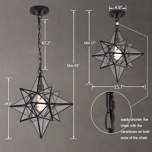 May include: Black metal starburst pendant light with clear glass panels. The light fixture is adjustable in height from 17 to 63 inches. The chain is adjustable with carabiners on both ends.