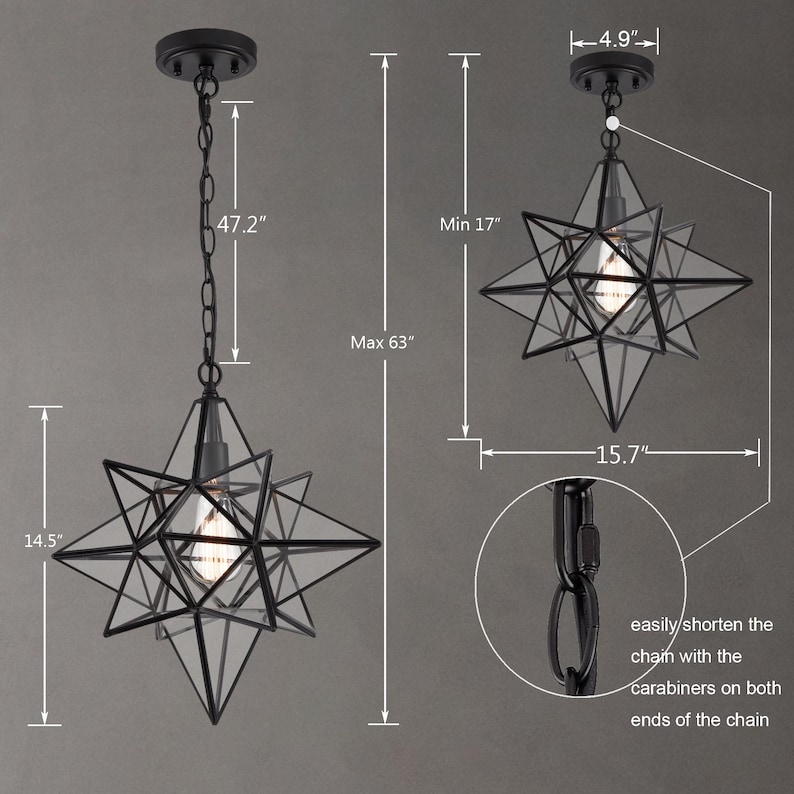 May include: Black metal starburst pendant light with clear glass panels. The light fixture is adjustable in height from 17 to 63 inches. The chain is adjustable with carabiners on both ends.