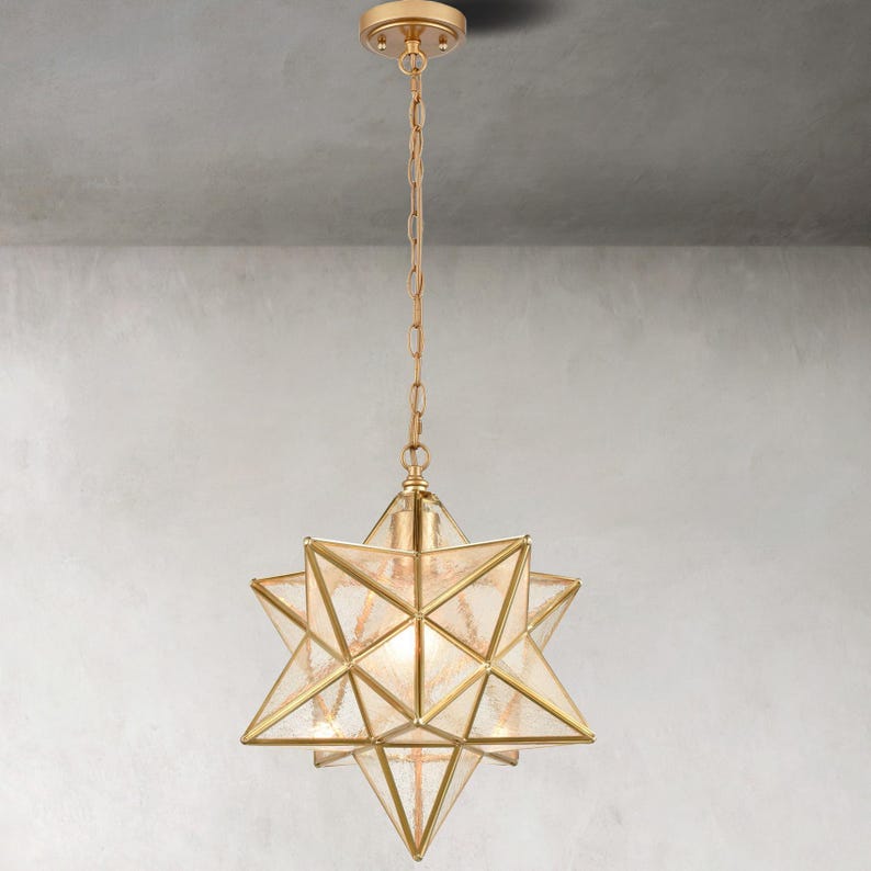 Cagliari Brass Moravian Star Pendant Light 14-inch Seeded Glass Shade ...