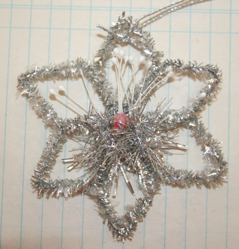Handmade Vintage Style Star Snowflake Ornament wPink Vintage Mercury Glass Bead Center