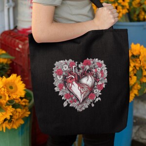 Anatomical heart tote bag, petals tote bag, floral heart tote bag, white heart tote bag, heart with veins tote bag, Saint Valentine tote bag