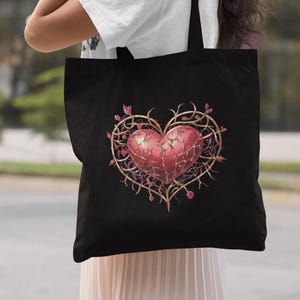 Gold thorned heart tote bag, heart entwined with thorns tote bag, gothic heart tote bag, ornate heart tote bag, Saint Valentine tote bag