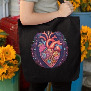 Floral passion tote bag, enigmatic heart tote bag, flowering heart tote bag, heart with artery tote bag, Saint Valentine tote bag