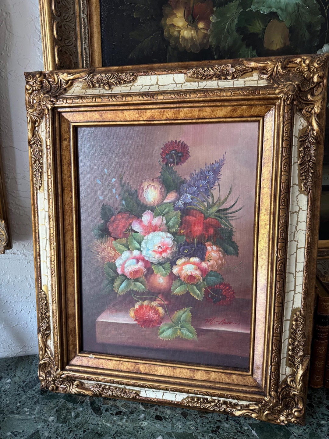 Vintage Framed Oil Painting of Florals, Still Life Oil on Canvas ...